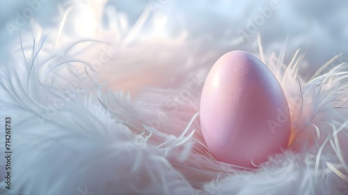 a pink egg sitting on top of a pile of feathers