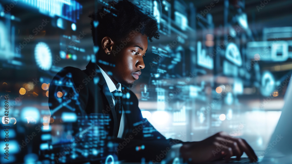 Man with glasses is working on a laptop in a dimly lit room with a bokeh effect of city lights in the background, overlaid with a network of digital connections. Man with glasses is working on a laptop in a dimly lit room with a bokeh effect of city lights in the background, overlaid with a network of digital connections.