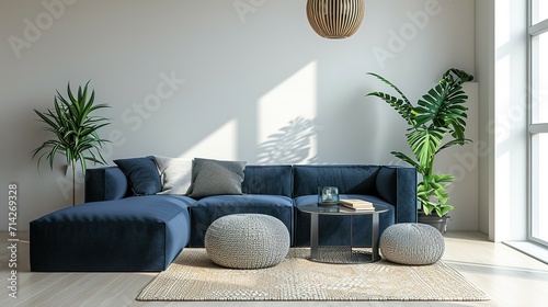 Modern living room. Two knitted pouffes near a dark blue corner sofa. Scandinavian home interior design modern living room.