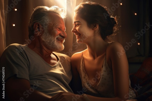 Smiling daughter embracing elderly father in his room.