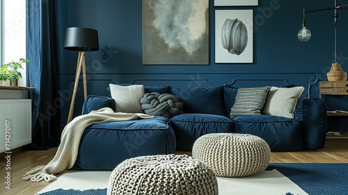 Modern living room. Two knitted pouffes near a dark blue corner sofa. Scandinavian home interior design modern living room. photo