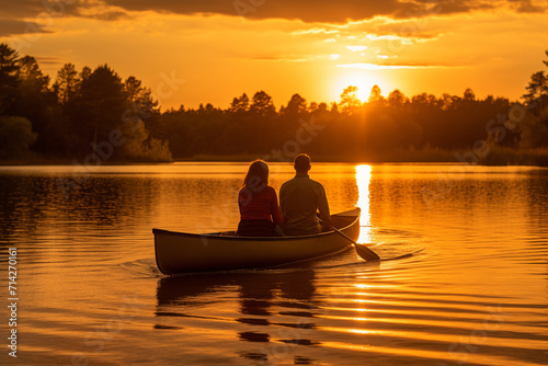 Couple in canoe on lake bathing in golden light admiring sunset at end of day.