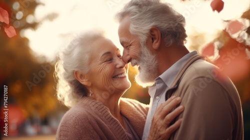 Happy Elderly Couple Hugging Outdoors in Retirement AI Generated © AlexandraRooss