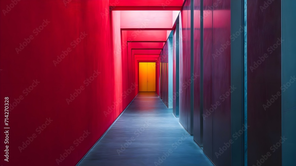 a long hallway with red walls and a yellow door a long hallway with red walls and a yellow door