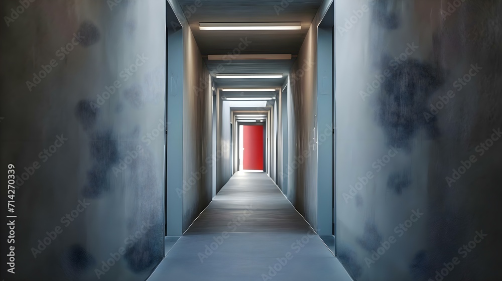 a long hallway with a red door leading to another room