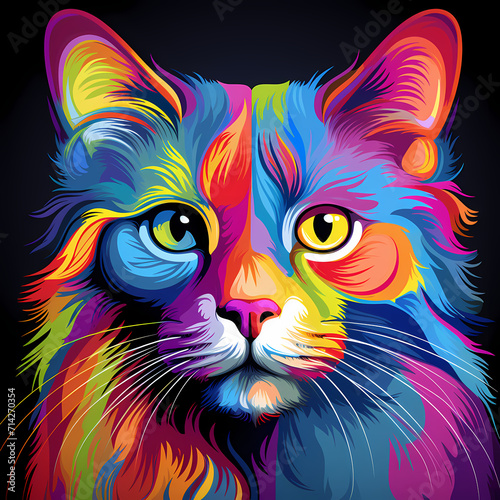 Illustration of an colorful drawing cat or tiger, with multicolor splashes isolated on black