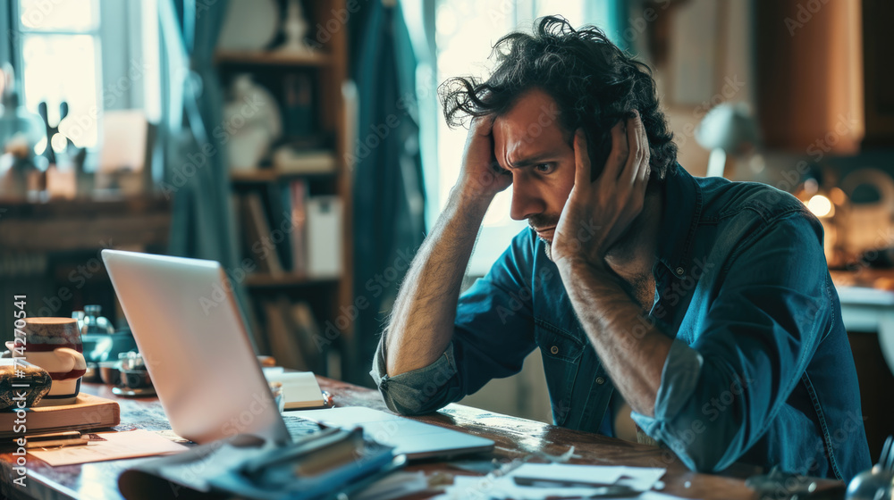 Man feeling stressed while working on his laptop. He has his head in hands, a pained expression on face, signifying a headache, frustration, or exhaustion.