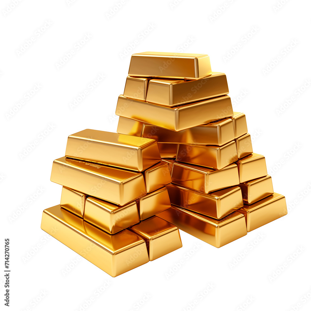 Set of gold bars , piles of gold lingots isolated on transparent background PNG. Generative AI