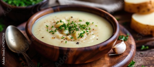 Creamy potato soup served on wooden plate.