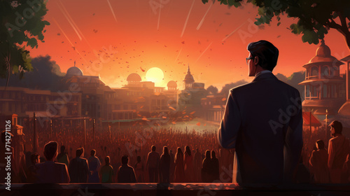 Sunset India Independence Day Design, 15 August. Generative ai