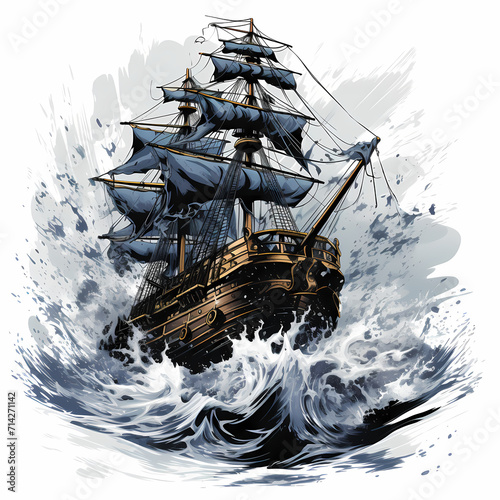 Wooden pirate buccaneer filibuster corsair sea dog ship isolated on white illustration