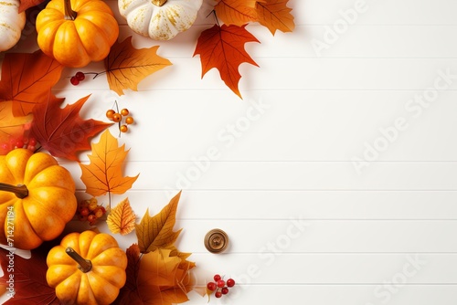Autumn seasonal leaves border Background and thanksgiving day  harvest holiday with fruits and pumpkins decoration