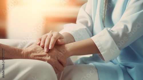 Generational Connection: Elderly Woman Holding Hands with Young Caregiver at Nursing Home AI Generated photo