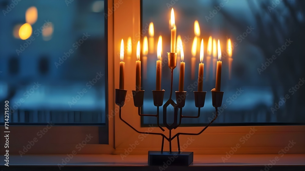 a hanukkah menorah sitting in front of a window