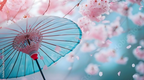 a blue umbrella with pink flowers in the background