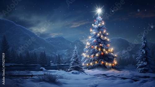 Beautiful christmas tree night snow background image Ai generated art © Bijali