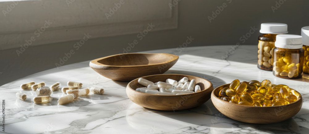An assortment of nutritional supplements in wooden bowls, suggesting a natural approach to health on a marble surface