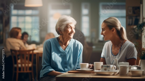 Caring Nurse Chatting with Senior Woman in Retirement Home AI Generated