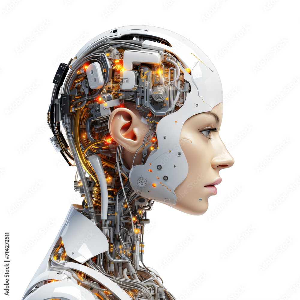 A side view of a woman robot cyborg on a transparent background png isolated