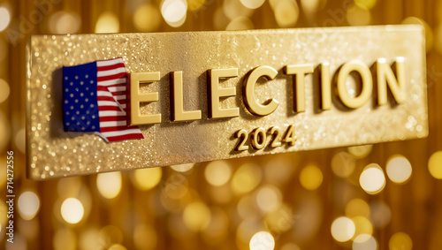 Gold-milled inscription ELECTION 2024 on a gold Shimmering background with a flag, crafted for the presidential election