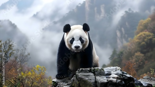 a panda bear sitting on top of a rock