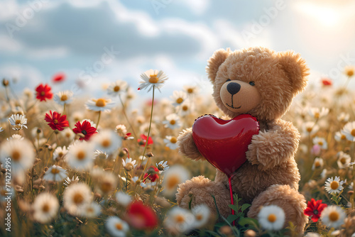 Teddy bear with a red heart shaped balloon on blurred nature background. Cute bear toy holding heart. Valentine's day. Love and romantic concept