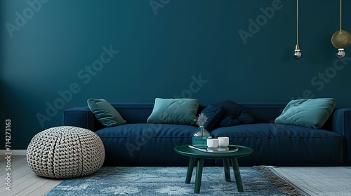 Modern living room. Two knitted pouffes near a dark blue corner sofa. Scandinavian home interior design modern living room.