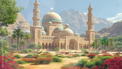 Beautiful madieval fantasy mosque with amazing view in day. Islamic architecture design looping animation footage video background photo