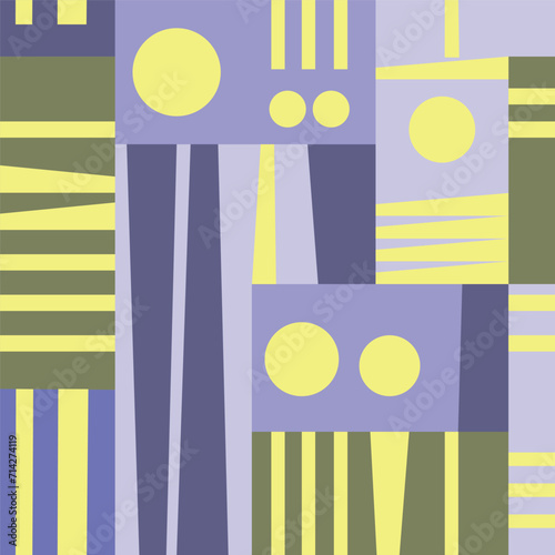 Seamless hand drown vector pattern with lines, triangles and circles . Abstract geometric art print. Pastel colors. Light blue, yellow, violet, gray green. Art design for print, cover, paper, wallpape