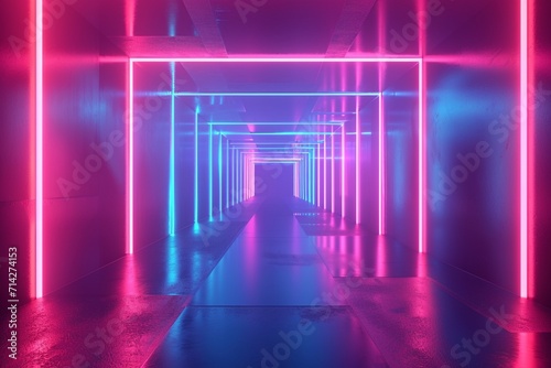 Abstract neon light geometric background. Glowing neon lines. Empty futuristic stage laser. Colorful rectangular laser lines. Square tunnel. Night club empty room. Laser show design