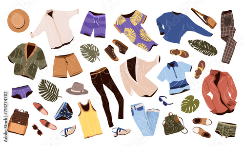 Clothes set in casual style for men. Fashion trendy clothing, accessories, shoes, hats for spring, summer and vacation. isolated flat vector illustrations on white background.