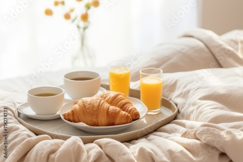 Breakfast for two on a tray in bed