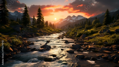 Beautiful Cascade and Sunset - Generative AI