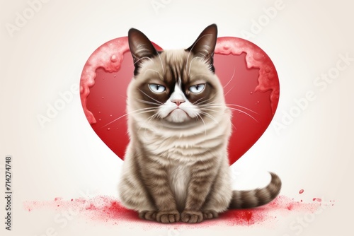valentine's heart grumpy cat isolated on white background