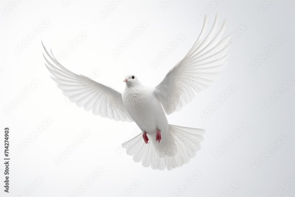 white dove flying against a white background concept of peace