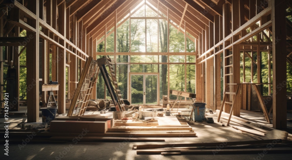 interior of a house being built from wooden framing interior of a house being built from wooden framing