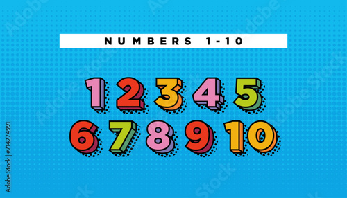 Natural numbers in pop art, retro style. Colorful poster for kindergarten, classroom, kids room, education. Creative stock vector illustration. Typeface, typography font