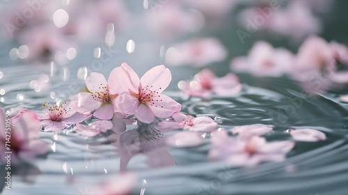 a group of pink flowers floating on top of a body of water