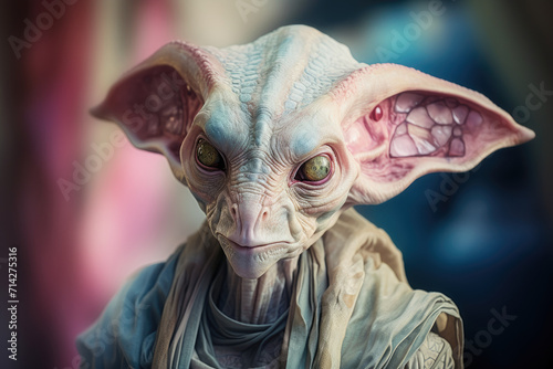 Surreal view alien with big ears with non-human biological creature concept. Generative ai