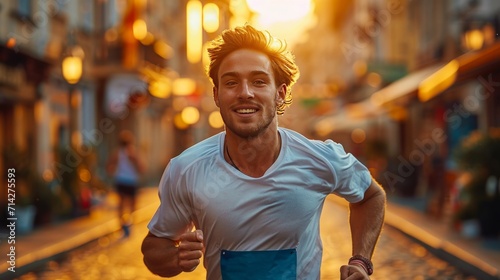 Man running a marathon and coming as the first person into the finishline photo