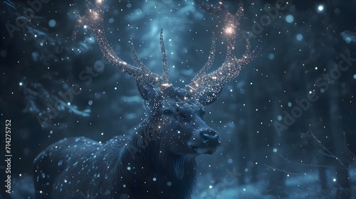 a deer with glowing antlers standing in the snow
