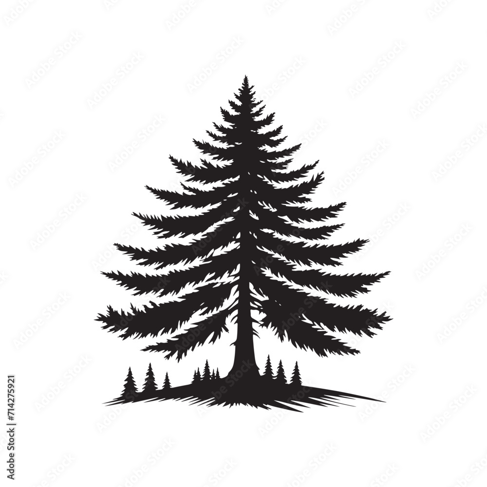 Obraz premium Whispering Pine Ballet: Nature Silhouette - Pine Tree Silhouette Ensemble Engaged in a Ballet of Whispering Pines in the Enchanted Forest - Pine Tree Vector - Nature Illustration 