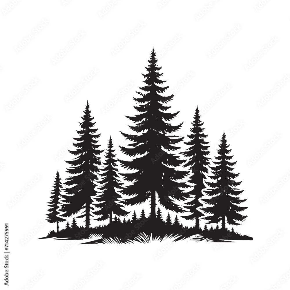 Mystic Pine Waltz: Nature Silhouette - Pine Tree Silhouette Set Engaged in a Mystic Waltz in the Enchanted Pine Grove - Pine Tree Vector - Nature Illustration
