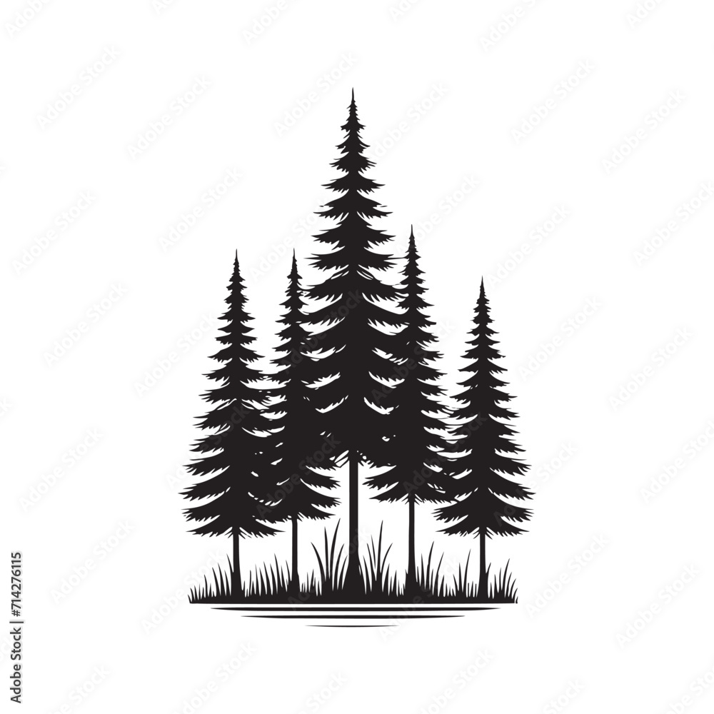 Obraz premium Arboreal Harmony: Nature Silhouette - Pine Tree Silhouette Ensemble Harmonizing in a Verdant Symphony of Natural Beauty - Pine Tree Vector - Nature Illustration 