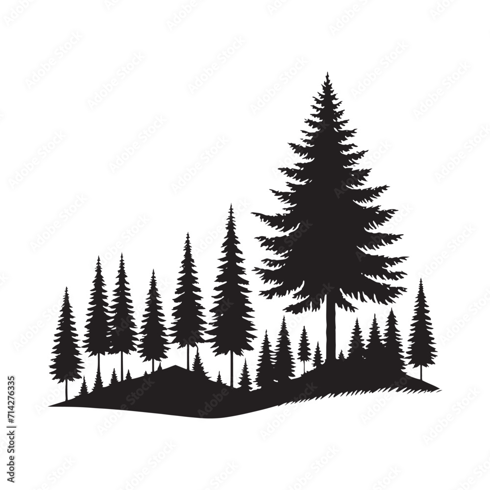Fototapeta premium Tranquil Evergreen Serenity: Nature Silhouette Capturing the Calm Majesty of Pine Tree Silhouette - Nature Silhouette - Pine Tree Vector 