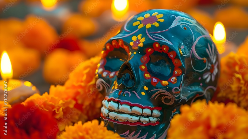 a blue sugar skull sitting on top of flowers a blue sugar skull sitting on top of flowers