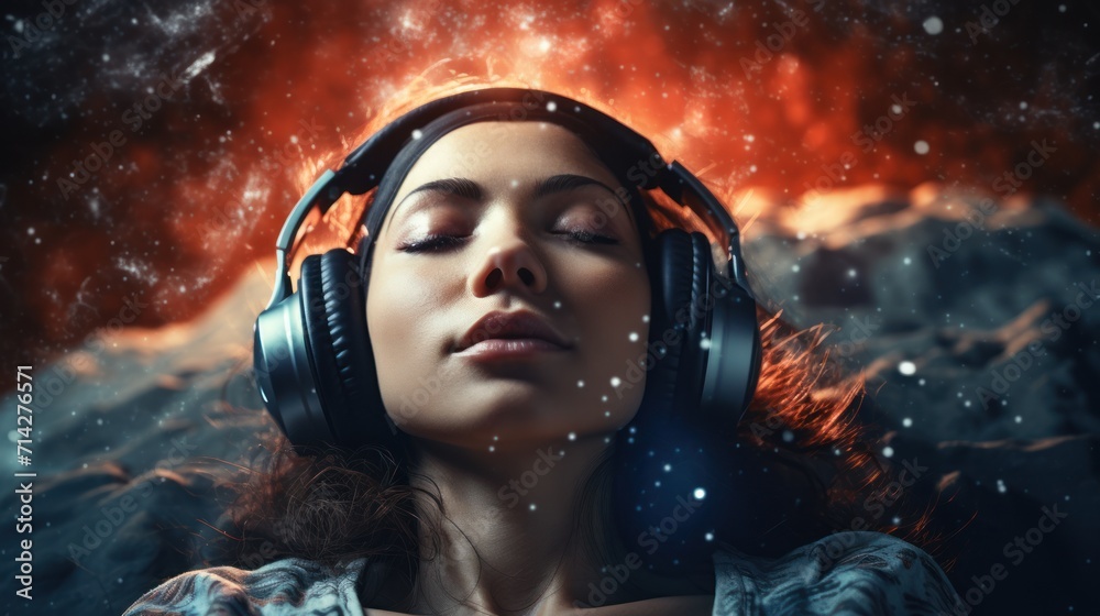 Intergalactic music voyage, woman in headphones, enfolded by a starburst. Intergalactic music voyage, woman in headphones, enfolded by a starburst.
