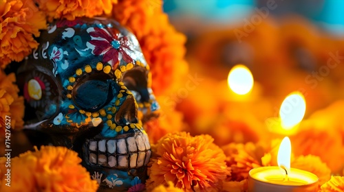 a decorated skull with a candle in front of it