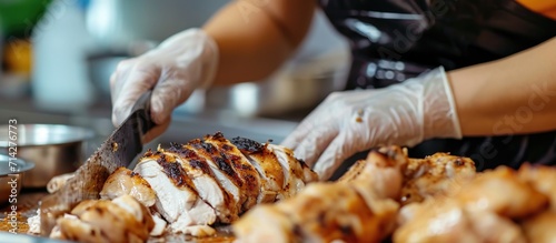 A woman wearing gloves slices chicken with a knife. photo
