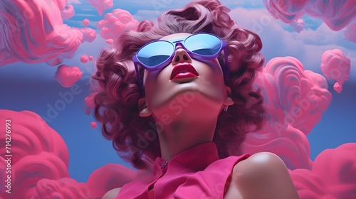 Curly-Haired Muse with Sunglasses in a Cloudscape Fantasy, Curly Haired Woman With Sunglasses Amidst Dreamy Pink Clouds and Vibrant Blue Sky. Generative AI